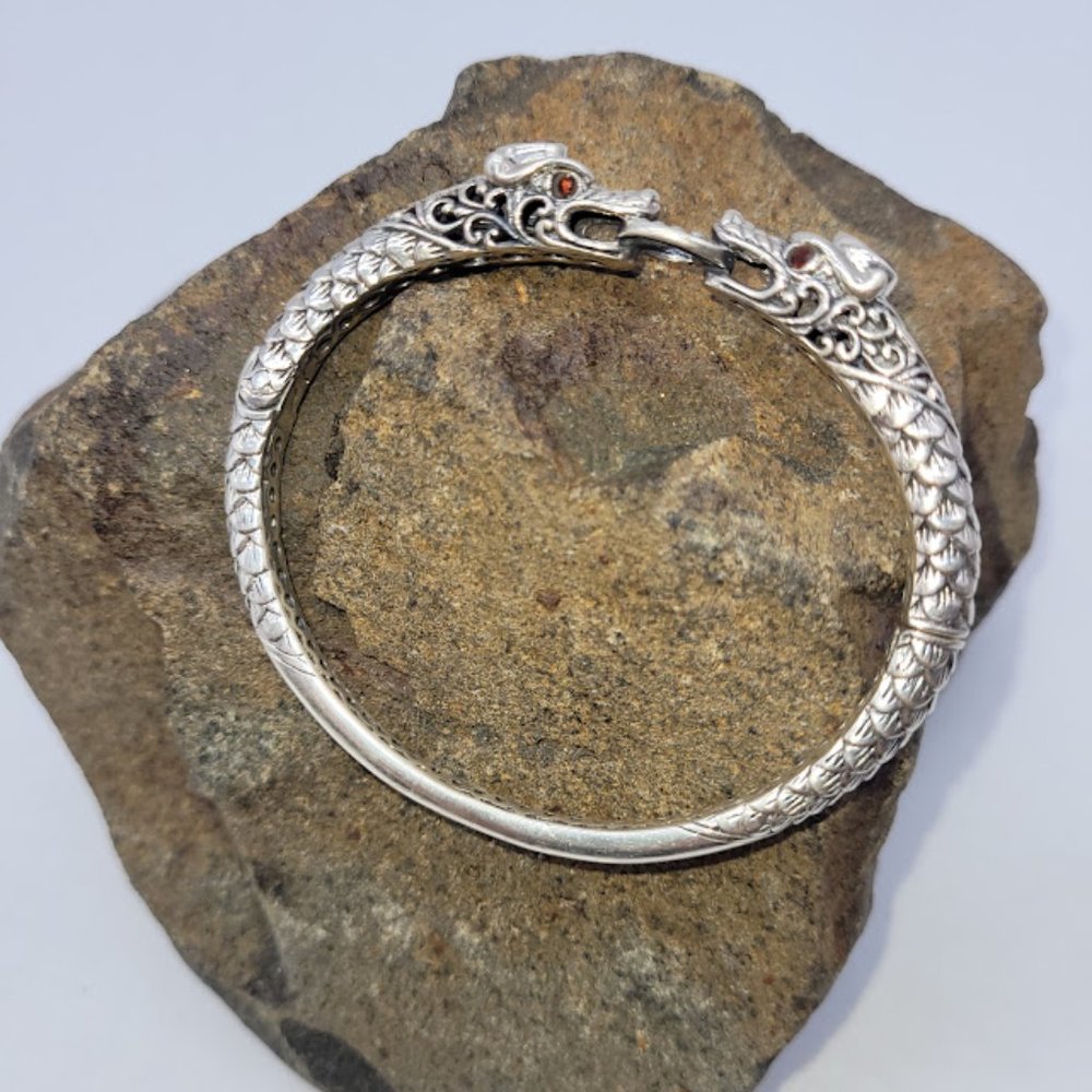 Sterling Silver Dragon Head Bangle Bracelet - Silver